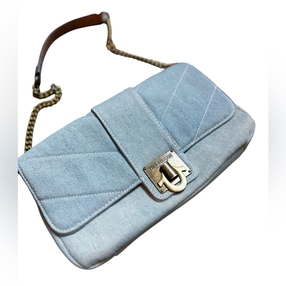 True Religion World Tour Denim Brass Hardware Shoulder Bag Pockets Chain Strap
